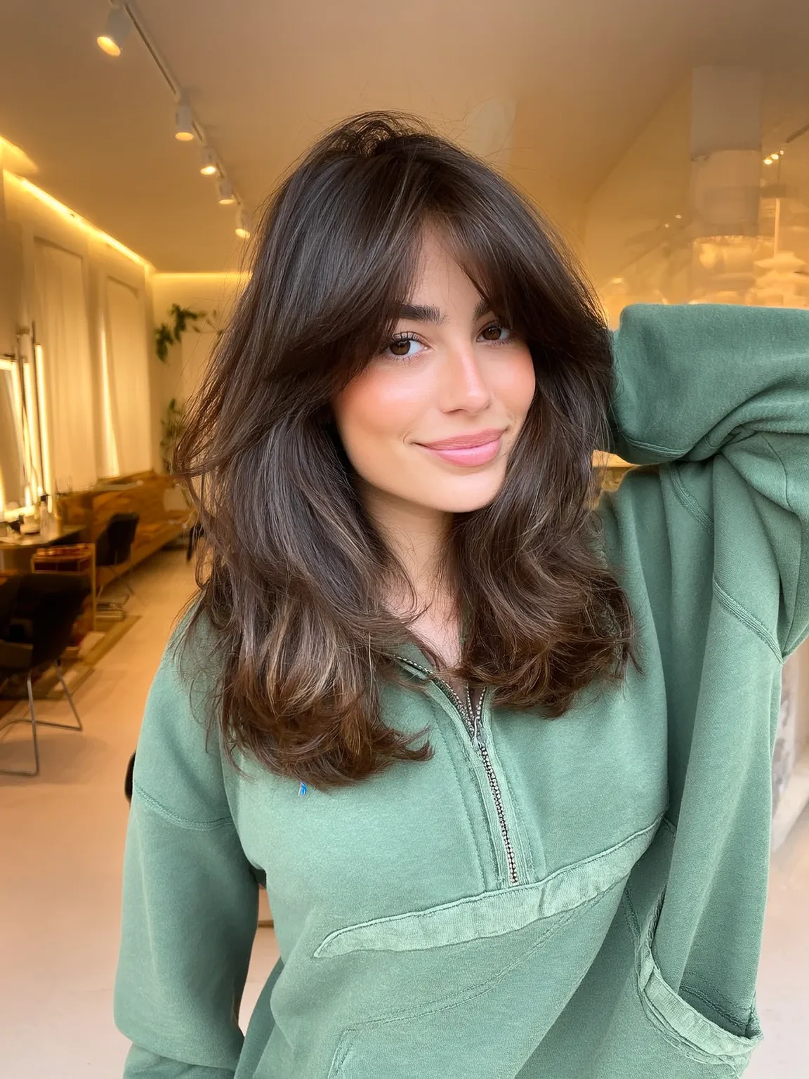 Voluminous Medium Rich Chocolate Brown Layers with Curtain Bangs